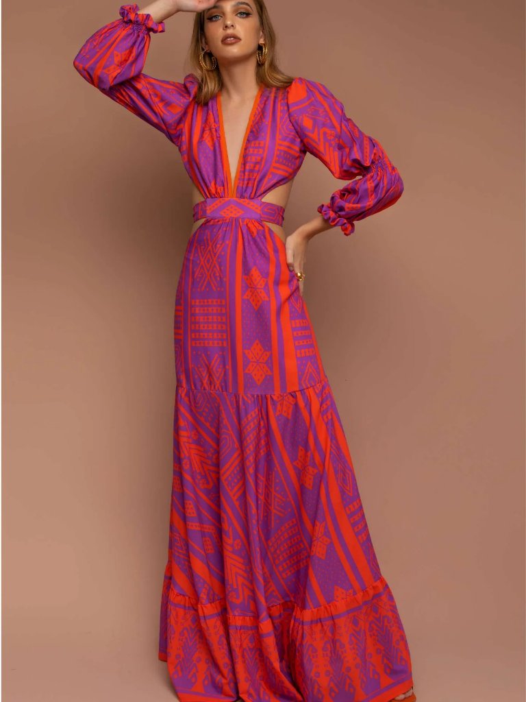 Nwt Womens Mar A Mar Purple Coral (Item-103) Waist Tie Cut-Out Maxi Dress Xs